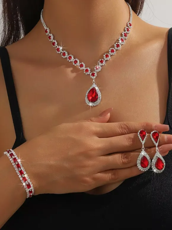 Red Vintage Victorian Jewelry Set Necklace Earrings Armwear Retro Rhinestone Set