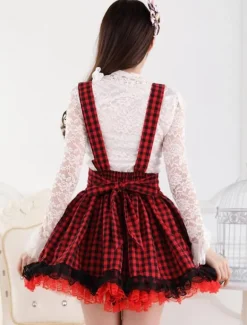 Red Black Gingham Lolita Skirt Salopette Lace Lining