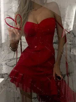 Red Bodycon Ruffle Slip Dress For Women - Slim Fit High Slit Asymmetrical Long Cami - Summer Night Out Party 2026