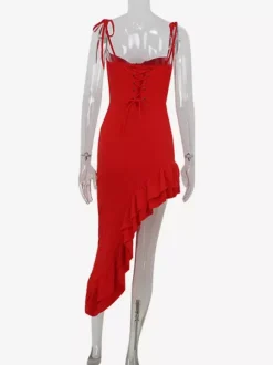 Red Bodycon Ruffle Slip Dress For Women - Slim Fit High Slit Asymmetrical Long Cami - Summer Night Out Party 2026