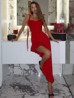 Red Bodycon Ruffle Slip Dress For Women - Slim Fit High Slit Asymmetrical Long Cami - Summer Night Out Party 2026