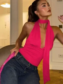 Red Cami Top Halter Lace Up Backless Sleeveless Sexy Women Camis