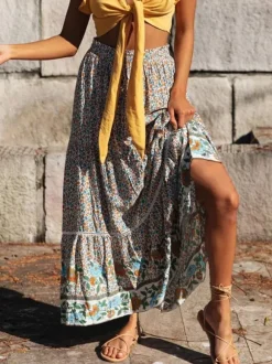 Red Full Skirt Printed High Waist Lace Up Boho Casual Summer Long Dresses