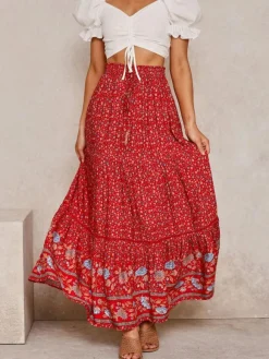 Red Full Skirt Printed High Waist Lace Up Boho Casual Summer Long Dresses