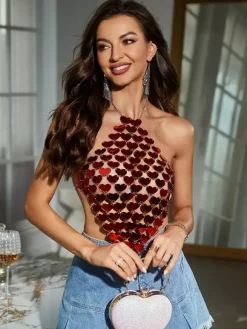 Red Heart-Shaped Acrylic Club Top For Women 2026