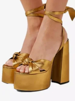 Red High Heel Sandals Platform Knotted Lace Up Chunky Heel Sandals