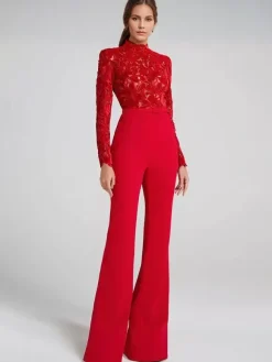 Red Jumpsuit with Lace Top High Neck Long Sleeve Flare Leg Semi-formal Party Wear For Women 2026