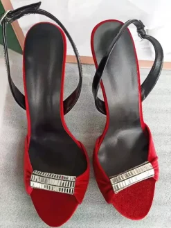 Red Prom Party Shoes Velvet Open Toe Beaded Slingback High Heel Sandals
