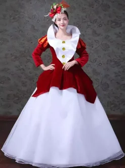 Red Retro Costumes Women's Color Block Pleated Polyester Marie Antoinette Costume Set Dress Hat Retro Vintage Clothing Burgundy