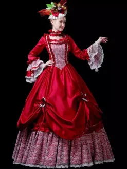 Red Retro Tudor Dress Costumes Lace Polyester Dress Women's Vintage Tunic Marie Antoinette Costume 18th Century Costume Burgundy