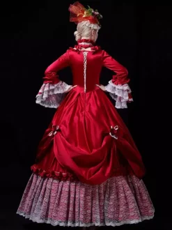 Red Retro Tudor Dress Costumes Lace Polyester Dress Women's Vintage Tunic Marie Antoinette Costume 18th Century Costume Burgundy