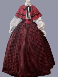 Red Retro Tudor Dress Costumes Women's Plaid Ruffles Polyester Marie Antoinette Costume Tunic Dress Cloak Retro Party Prom Dress Burgundy