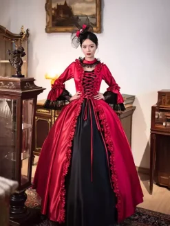 Red Retro Victorian Dress Long Flare Sleeves Rococo Maxi Ball Dress With Headwear