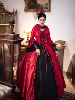 Red Retro Victorian Dress Long Flare Sleeves Rococo Maxi Ball Dress With Headwear