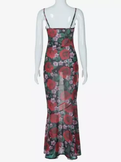 Red Rose Print Spaghetti Strap Maxi Dress For Women Romantic Style