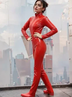 Red Shiny Metallic Catsuit Jumpsuit Zipper Long Sleeve Bodysuit Costume