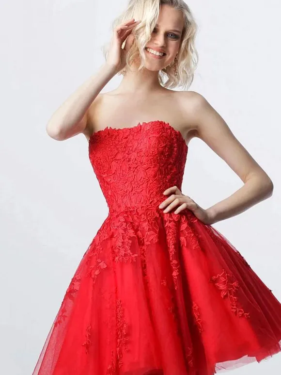 Red Strapless Homecoming Dress 2026 Lace Sexy Party Dress Cocktail Dresses Free Customization