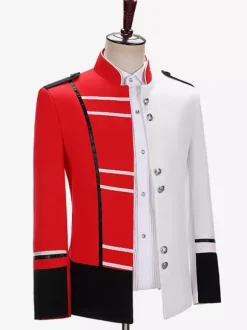Red Vintage Top Retro Buttons Color Block Long Sleeves Polyester Overcoat Retro Costumes For Man