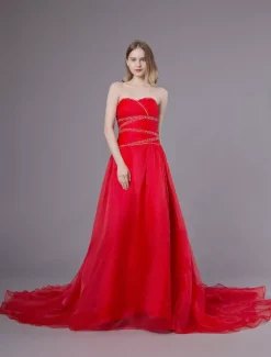 Red Wedding Dresses Strapless Organza Beaded Sweetheart Formal Gowns