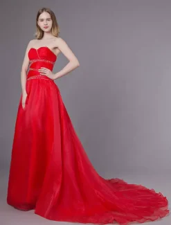 Red Wedding Dresses Strapless Organza Beaded Sweetheart Formal Gowns