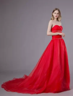 Red Wedding Dresses Strapless Organza Beaded Sweetheart Formal Gowns