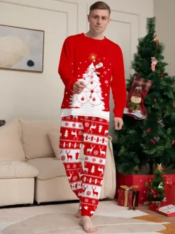 Red White Christmas Tree Reindeer Print Family Pajamas Holiday 2026