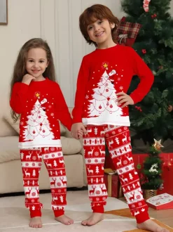 Red White Christmas Tree Reindeer Print Family Pajamas Holiday 2026
