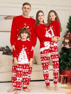 Red White Christmas Tree Reindeer Print Family Pajamas Holiday 2026