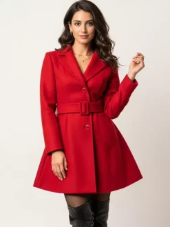 Red Wool-Blend Flare Coat With Belt For Women 2026