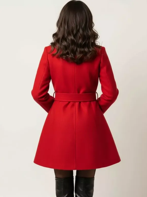 Red Wool-Blend Flare Coat With Belt For Women 2026
