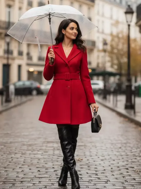 Red Wool-Blend Flare Coat With Belt For Women 2026