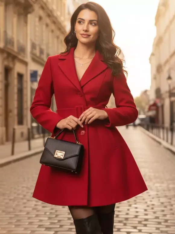 Red Wool-Blend Flare Coat With Belt For Women 2026