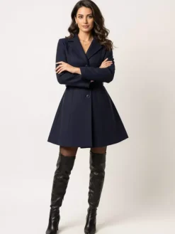 Red Wool-Blend Flare Coat With Belt For Women 2026