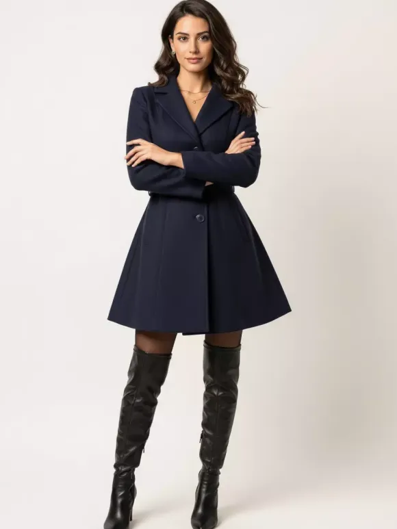 Red Wool-Blend Flare Coat With Belt For Women 2026