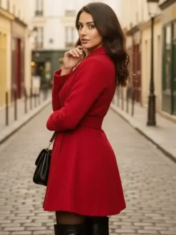 Red Wool-Blend Flare Coat With Belt For Women 2026