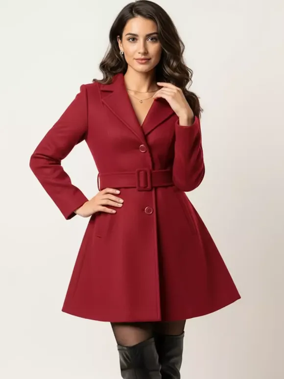 Red Wool-Blend Flare Coat With Belt For Women 2026
