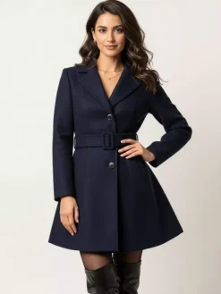 Red Wool-Blend Flare Coat With Belt For Women 2026