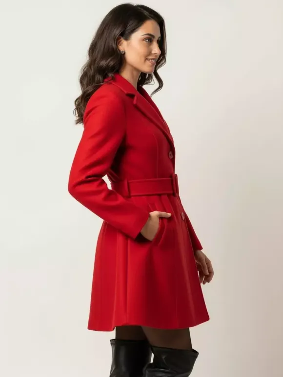 Red Wool-Blend Flare Coat With Belt For Women 2026