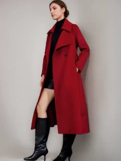 Red Wool Cashmere Blend Coat For Woman Burgundy Double-breasted Double-Faced Winter Outerwear 2026