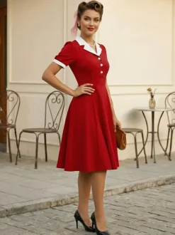 Retro Contrast Lapel Button Up Fit And Flare Midi Dress For Women 2026