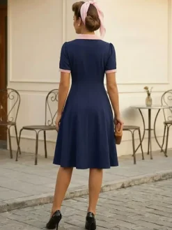 Retro Contrast Lapel Button Up Fit And Flare Midi Dress For Women 2026