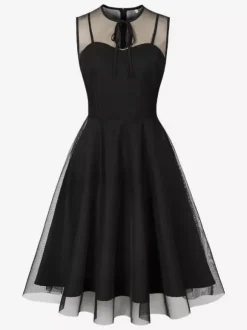 Retro Dress Burgundy Sheer 1950s Style Bows Sleeveless Jewel Neck Medium Rockabilly Dress
