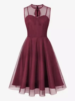 Retro Dress Burgundy Sheer 1950s Style Bows Sleeveless Jewel Neck Medium Rockabilly Dress