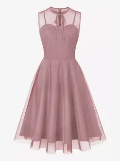 Retro Dress Burgundy Sheer 1950s Style Bows Sleeveless Jewel Neck Medium Rockabilly Dress