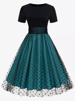 Retro Glamour Dress 1950s Style Jewel Neck Layered Short Sleeves Medium Polka Dot Rockabilly Dress