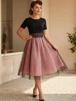 Retro Glamour Dress 1950s Style Jewel Neck Layered Short Sleeves Medium Polka Dot Rockabilly Dress