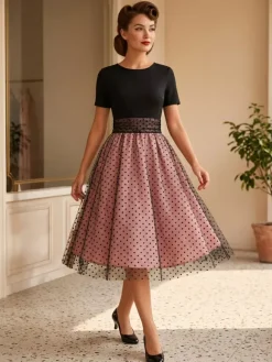 Retro Glamour Dress 1950s Style Jewel Neck Layered Short Sleeves Medium Polka Dot Rockabilly Dress