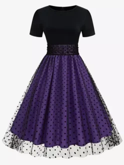 Retro Glamour Dress 1950s Style Jewel Neck Layered Short Sleeves Medium Polka Dot Rockabilly Dress