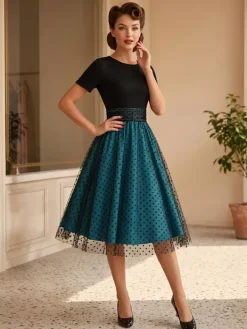 Retro Glamour Dress 1950s Style Jewel Neck Layered Short Sleeves Medium Polka Dot Rockabilly Dress