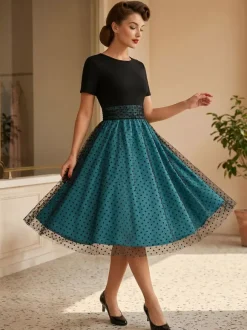 Retro Glamour Dress 1950s Style Jewel Neck Layered Short Sleeves Medium Polka Dot Rockabilly Dress